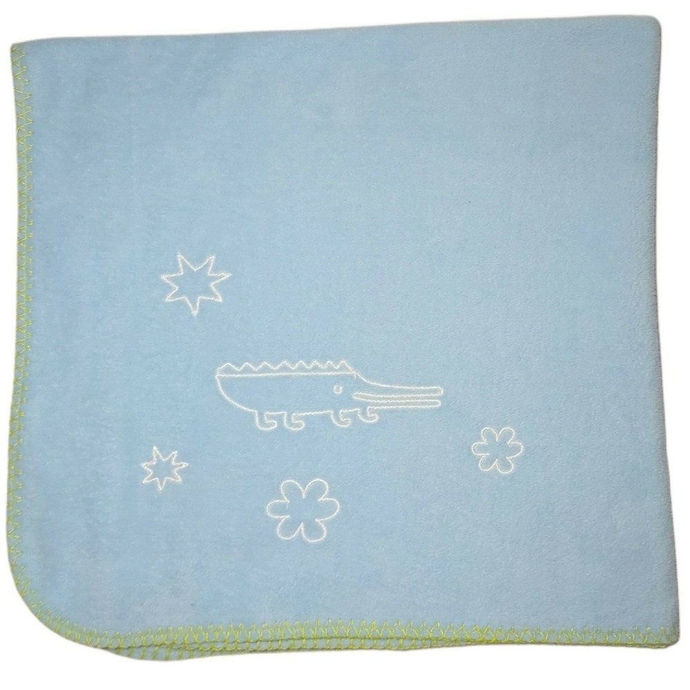 IKEA Blue Fleece Crocodile Blanket Green Stitch Edge White Flower Security Lovey